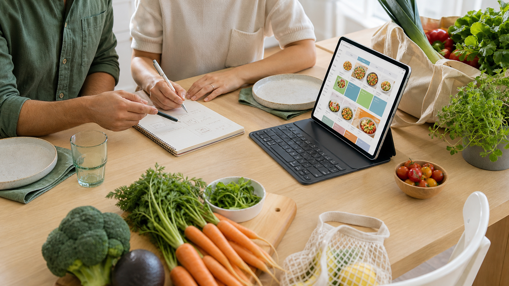Two people planning shared meals at a kitchen table with groceries and a tablet.